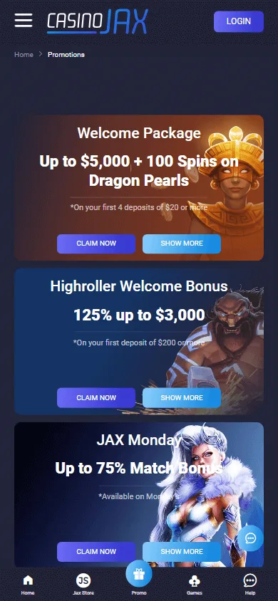 CasinoJax mobile browser promotions area