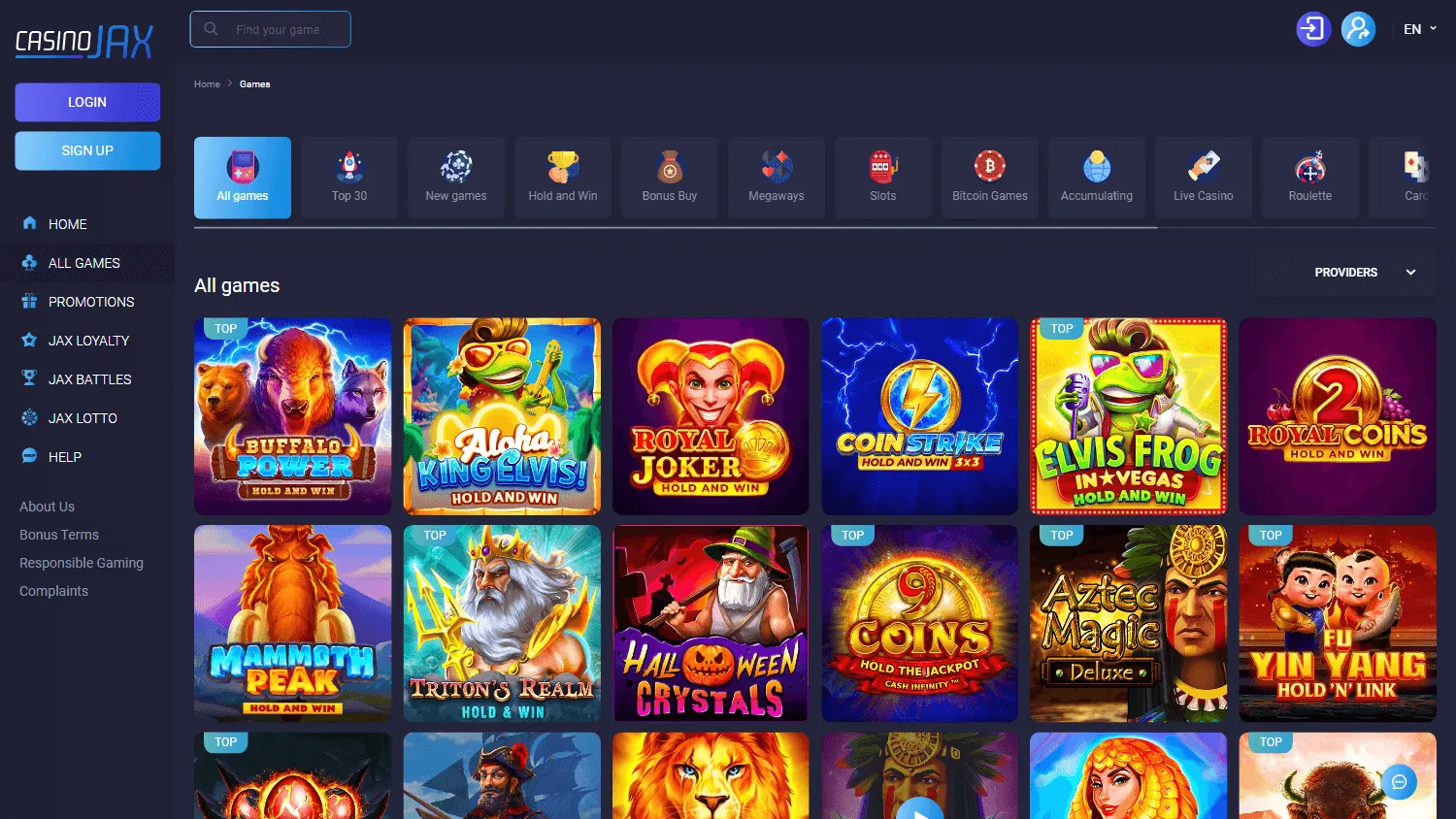CasinoJax desktop games area with pokies and casino titles