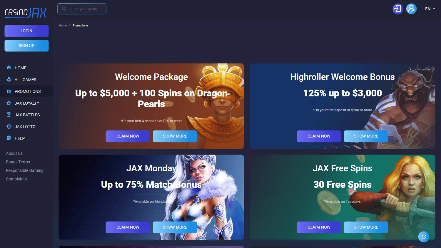 CasinoJax desktop promotions area with deposit offers and free spins