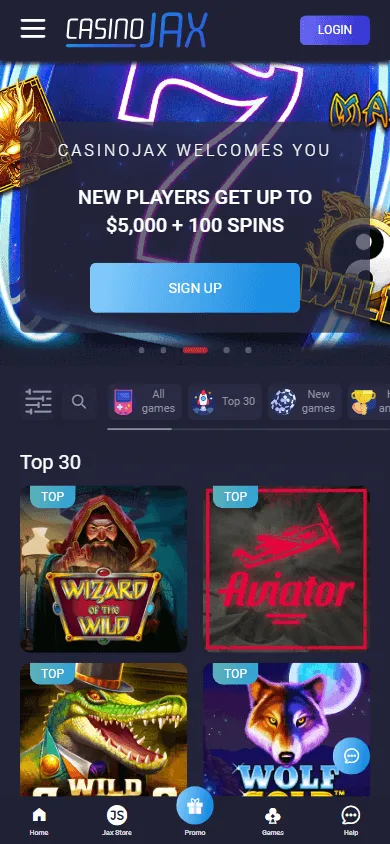 CasinoJax mobile browser home screen