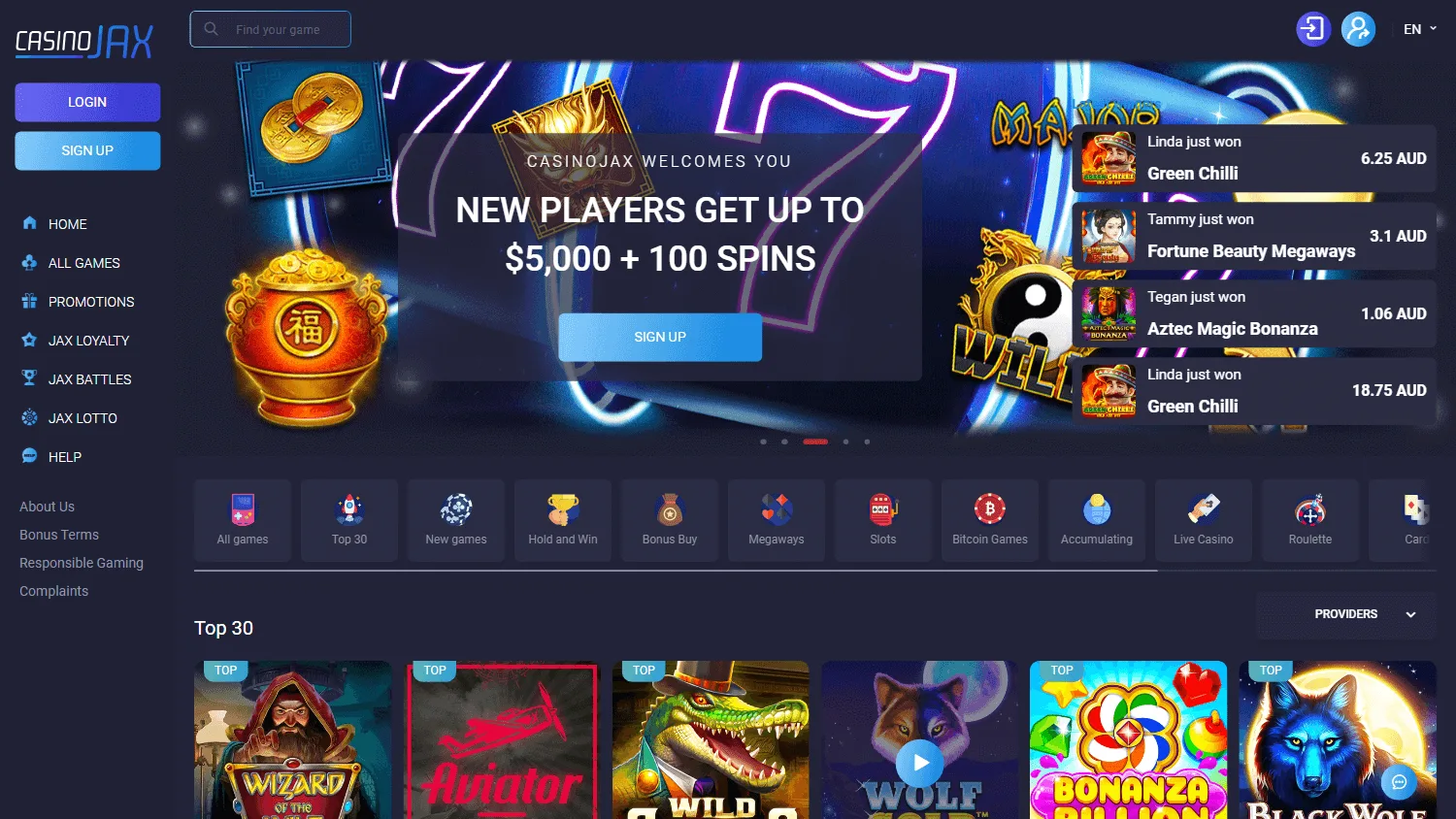 CasinoJax desktop casino home screen